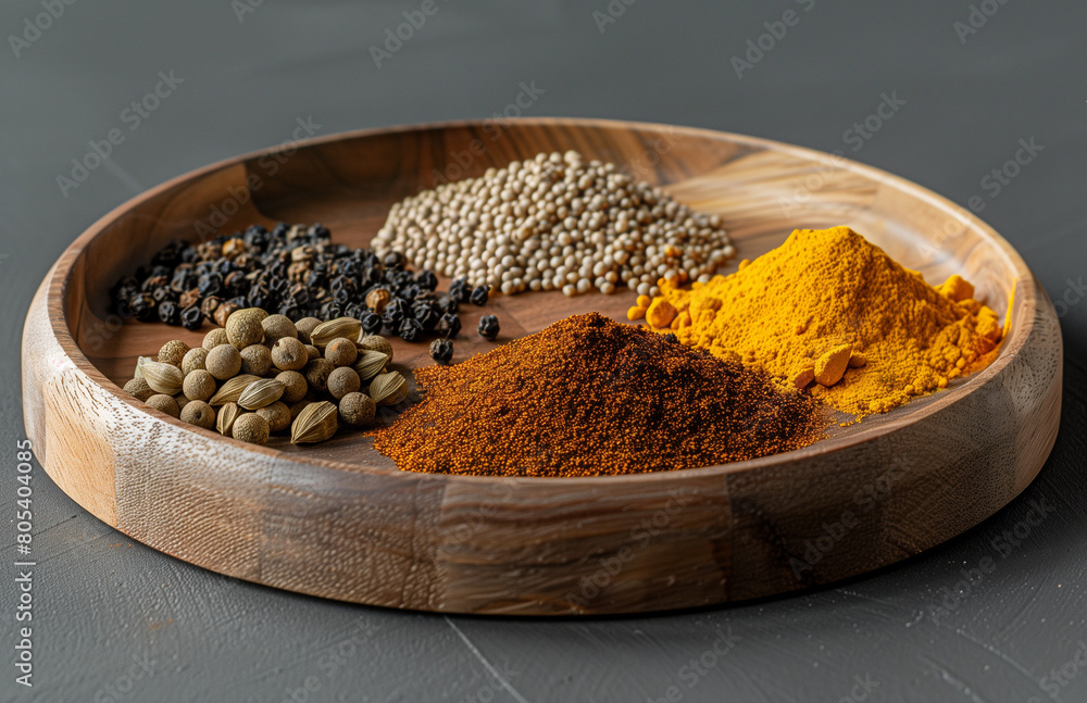 Various spices and herbs on a wooden plate Various spices and herbs on a wooden plate