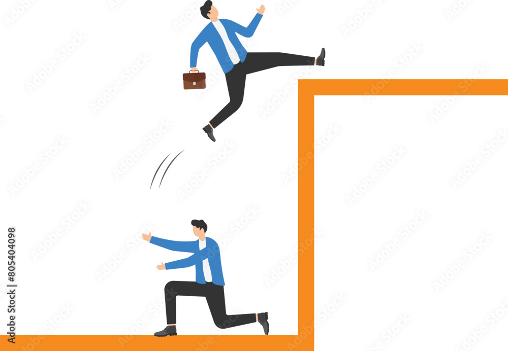 businessman coworker support his colleague reaching to climb on top of stairs, teamwork and partnership, promotion vector concept


