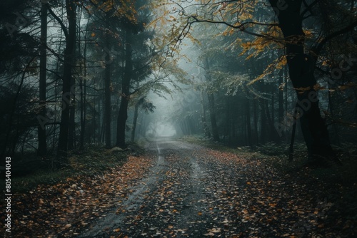 A forest path is shown in the dark with leaves on the ground