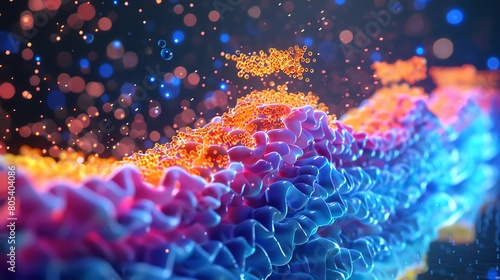 A macro 3D view of a synthetic ion channel, created through nanotechnology, with each component of the channel glowing in neon to demonstrate the flow of ions across a cellular membrane photo