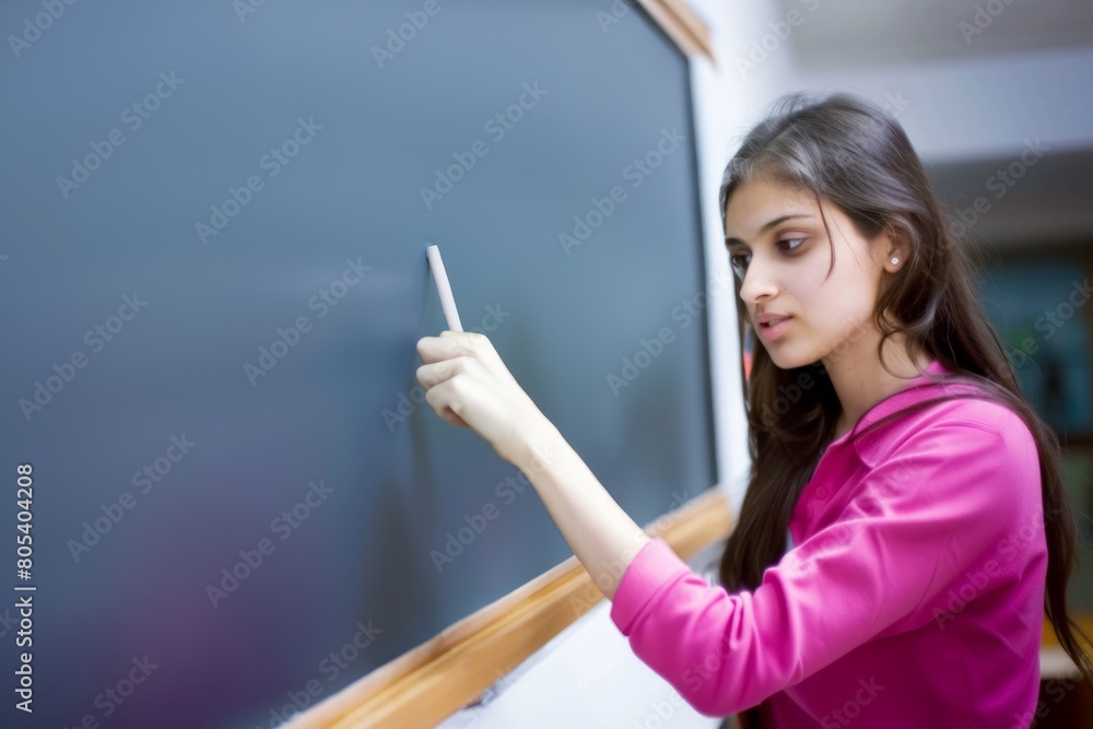 A pretty young indian college teacher writing in white chalk on the plan chalkboard A pretty young indian college teacher writing in white chalk on the plan chalkboard