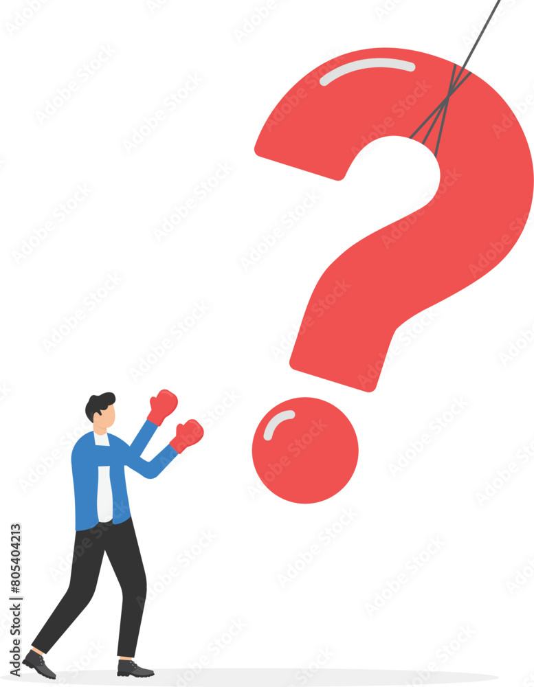 Businessman with boxing glove punching question mark, business problem solving vector concept
Businessman with boxing glove punching question mark, business problem solving vector concept