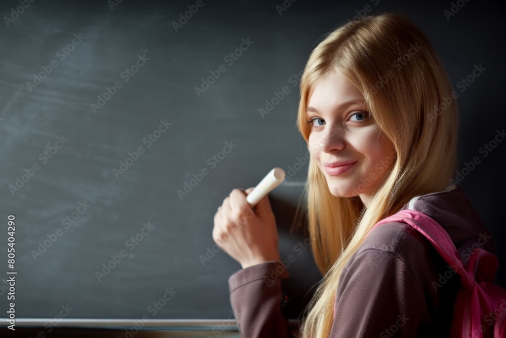A pretty young German college teacher writing in white chalk on the plan chalkboard