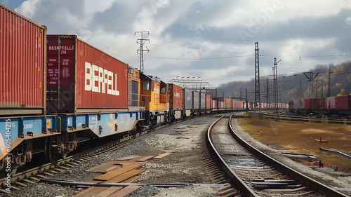 Freight train. Rear view of the last wagon of a freight train. Wagons with goods delivery. Distribution and freight transportation using railroads.