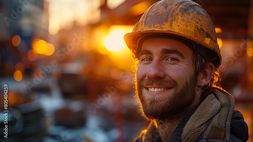 Man in hard hat is outdoors against sunset light. Rural scene. © noo  Oh