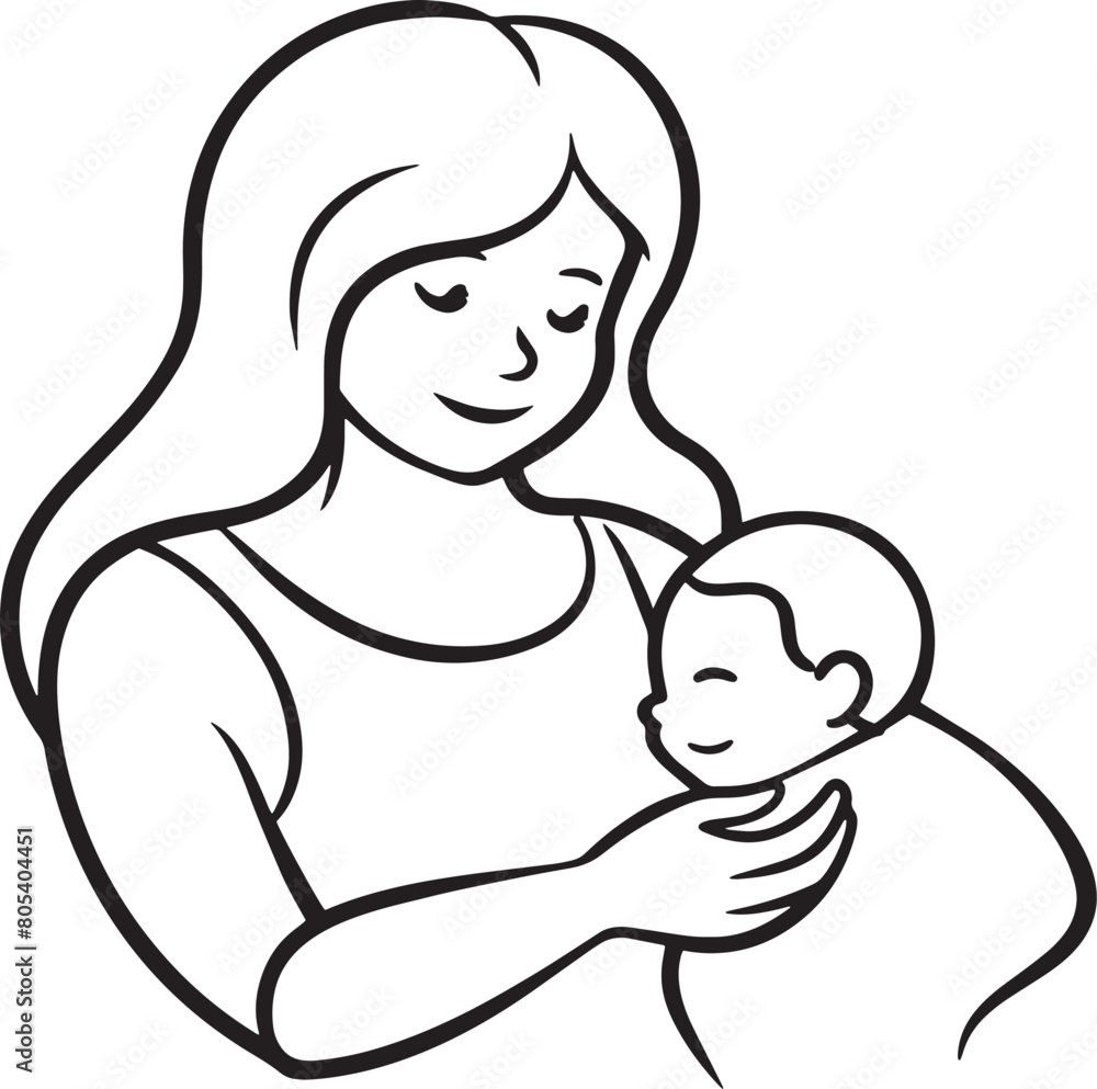 Mother Holding Baby - Black and White Cartoon Illustration, Isolated On White Background Mother Holding Baby - Black and White Cartoon Illustration, Isolated On White Background
