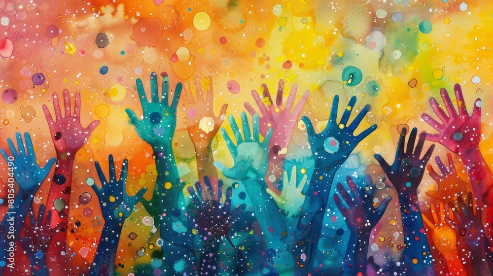 Colorful watercolor painting of hands raised in the air. Stock ...