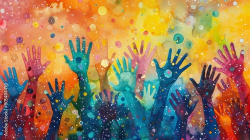 Colorful watercolor painting of hands raised in the air. © Rattanathip