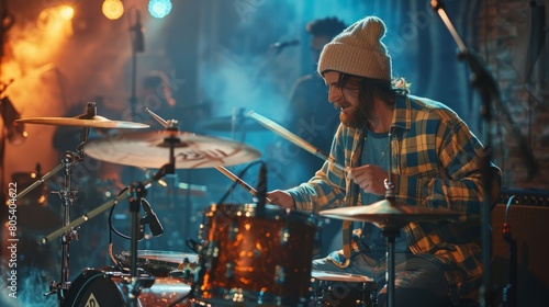 Drummer playing the drums on a stage with blue and orange lights.