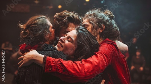 Four people hugging each other with their eyes closed. photo
