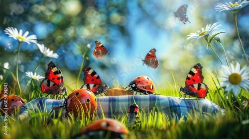 Detailed 3D illustration of a collection of cartoon insects having a picnic, amusing and adorable © AI Farm