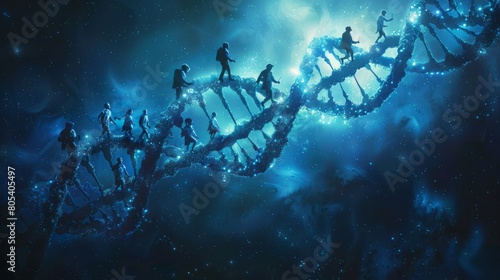 People walking on a DNA strand in space. photo