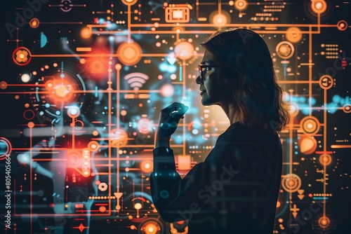 A woman confidently stands in front of a computer screen  commanding information and creativity.