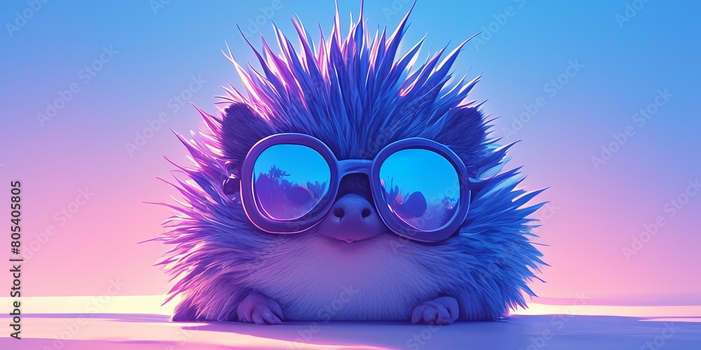 Cute funny porcupine wearing sunglasses on a pastel background