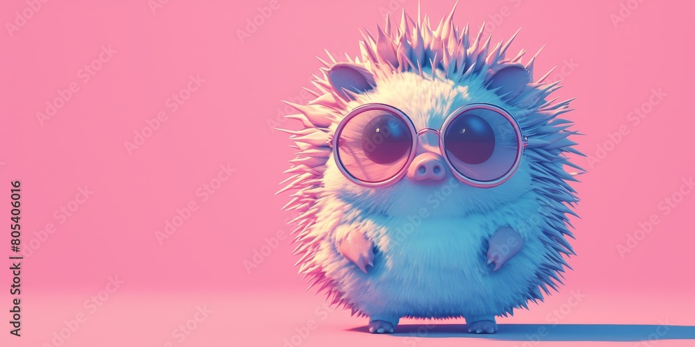 cute porcupine wearing sunglasses, solid color background, cute and quirky