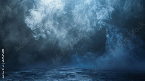 Radiant silver smoke against a deep navy blue floor, creating a metallic mist.