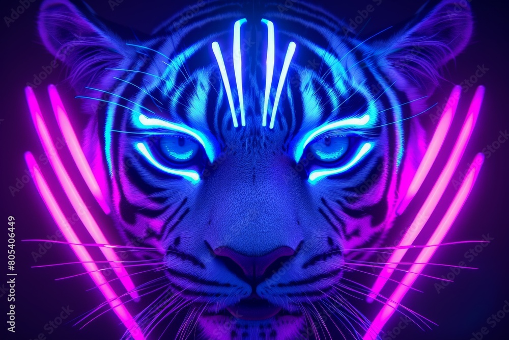 Fototapeta premium A close-up view of a majestic tigers face surrounded by vibrant neon lights, capturing the essence of power and mystery.