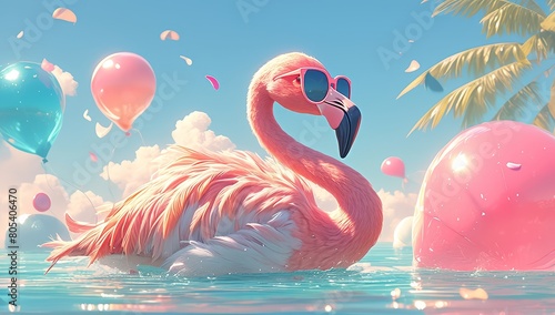 flamingo wearing sunglasses standing in the water surrounded by balloons, blue sky background