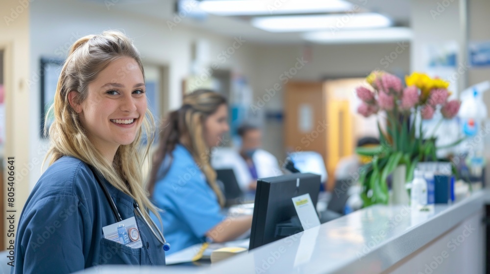 Portrait, nurse and receptionist at hospital on a computer working at her desk or table in an office as a black woman. Medical, healthcare professional or worker smile, happy and excited at work Portrait, nurse and receptionist at hospital on a computer working at her desk or table in an office as a black woman. Medical, healthcare professional or worker smile, happy and excited at work