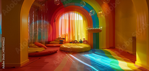 A whimsical rainbow-colored jhoomer with glass prisms casting vibrant hues in a children's playroom photo