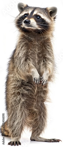 A raccoon stands on its hind legs and looks at the camera photo