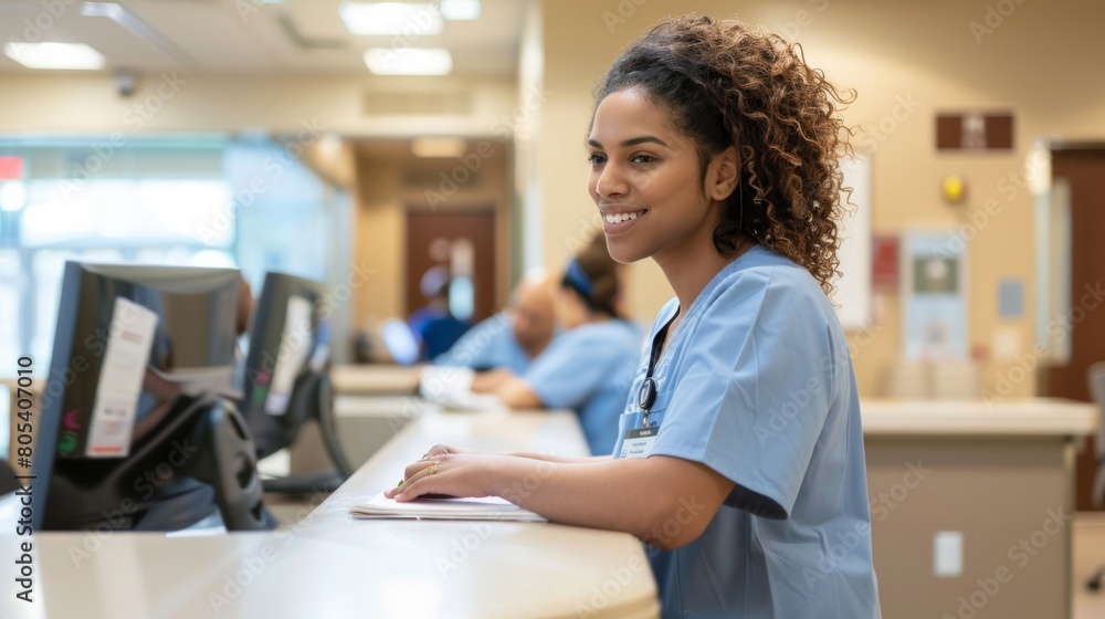 Fototapeta premium Portrait, nurse and receptionist at hospital on a computer working at her desk or table in an office as a black woman. Medical, healthcare professional or worker smile, happy and excited at work