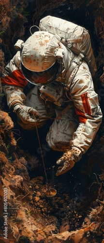 A man in a space suit is digging in the dirt © Natthakan