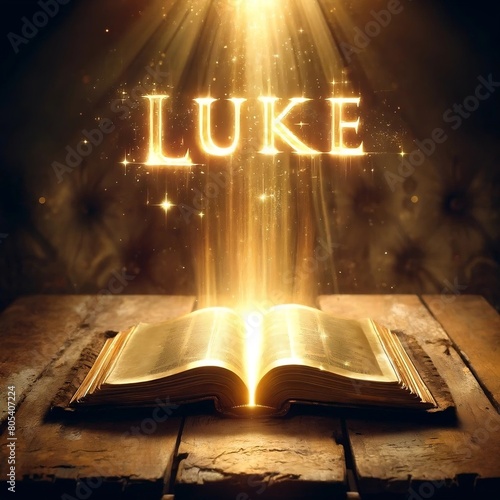 An old spell book on a wooden table, illuminated by a magical golden glow emanating from pages. The word 