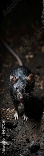 A small black mouse is standing in the dirt