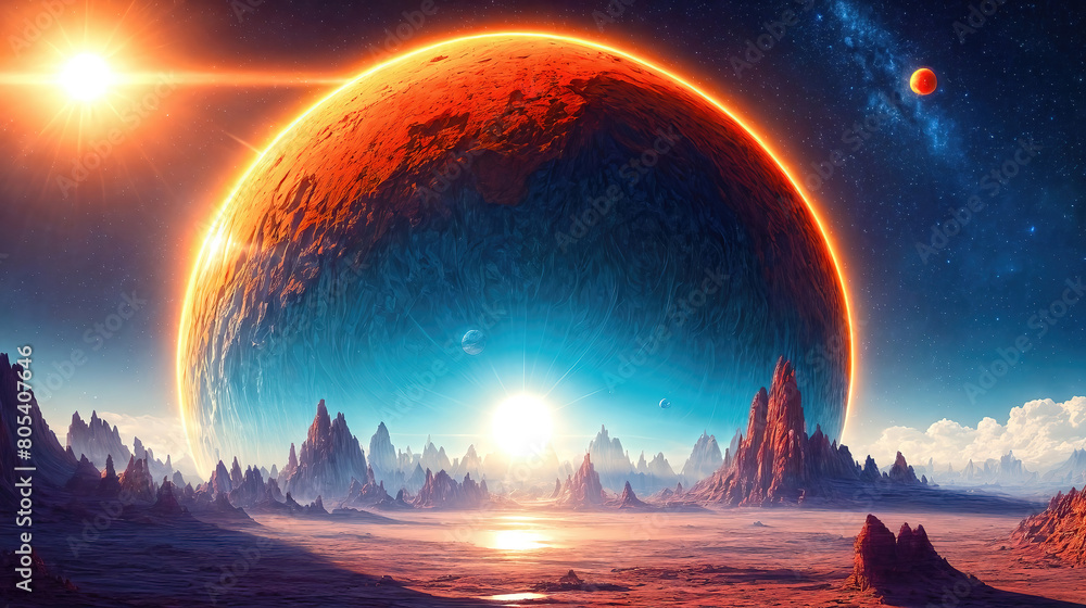 Alien planet landscape with glowing sun and mountains with fantastic rocks formations 3d illustration.