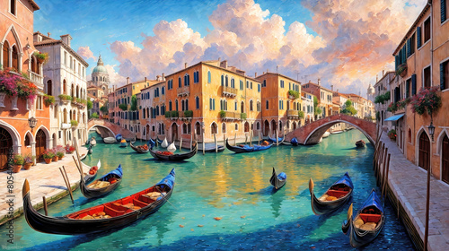 Venice canals with gondolas atmospheric landscape , oil painting style illustration