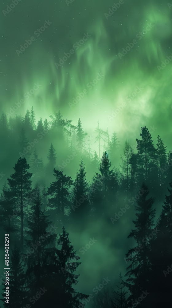A close-up of the ethereal beauty of the Aurora Borealis shining through a foggy forest A close-up of the ethereal beauty of the Aurora Borealis shining through a foggy forest