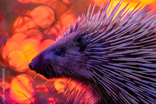 A close-up of a porcupines quills reflecting the colors of a vibrant sunset photo