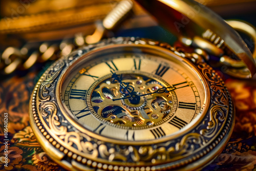 A close-up of an old-fashioned pocket watch from the 1900s, ticking away the passage of time photo