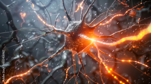 A detailed close-up of a neuron, showcasing the intricate and complex structure of the brain photo