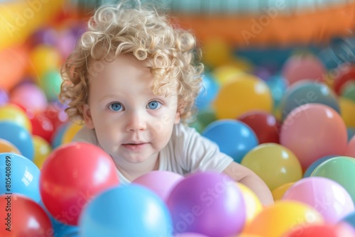 Balls pool, child playing in ball pit, colorful toys for kids in kindergarten or preschool play room