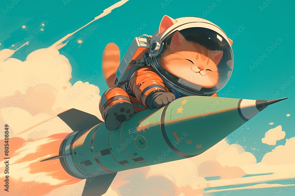 Cute cartoon cat in astronaut suit riding on rocket, white background ...