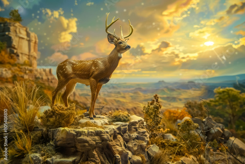 A striking close-up of a deer hunting scene, set against a backdrop of rugged terrain and dramatic lighting to convey the primal instinct of the hunt photo