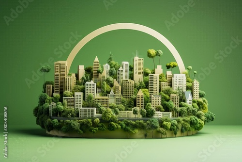 Minimalist green city constructed from paper, symbolizing sustainability and ecofriendly living