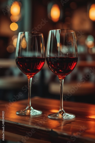 Two glasses filled with red wine placed on top of a wooden table