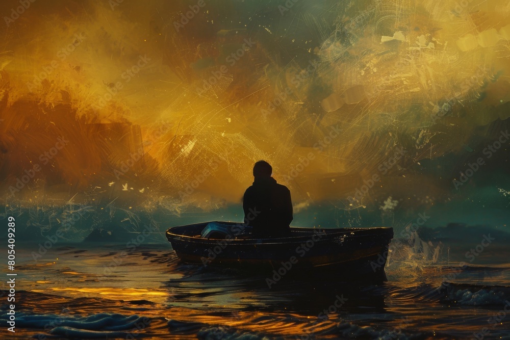 A man is sitting in a boat on a lake