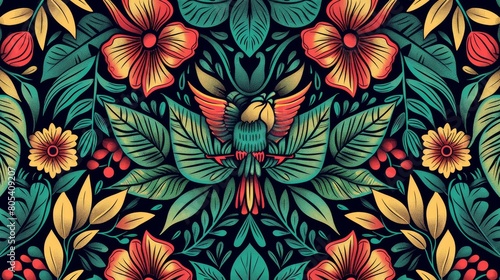 Vibrant symmetrical nature tapestry with a central butterfly motif