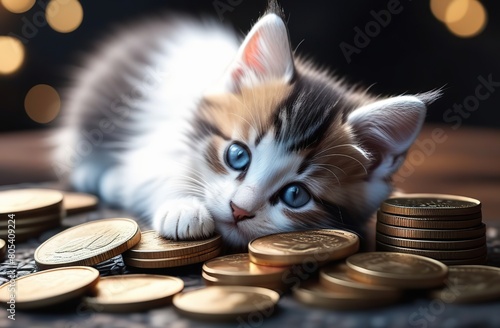 The kitten is lying on a metal coins