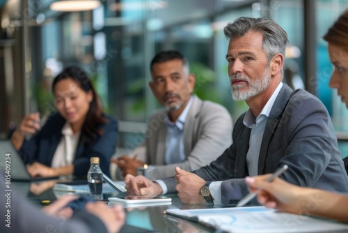 Male businessman leader with diverse coworkers team, executive managers group at meeting