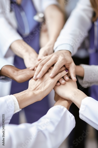 CLOSE-UP OF STACKED HANDS, HANDS TOGETHER. GROUP OF MEDICAL PROFESSIONALS.