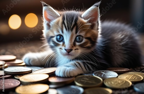 The kitten is lying on a metal coins