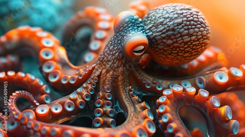 an octopus, in the style of vray tracing, dark orange and aquamarine, cellular formations, spiral group, selective focus