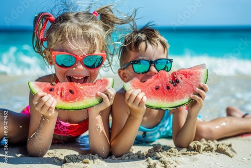 Happy children eat watermelon on beach, kids in sunglasses eating water melon fruit, family travel photo