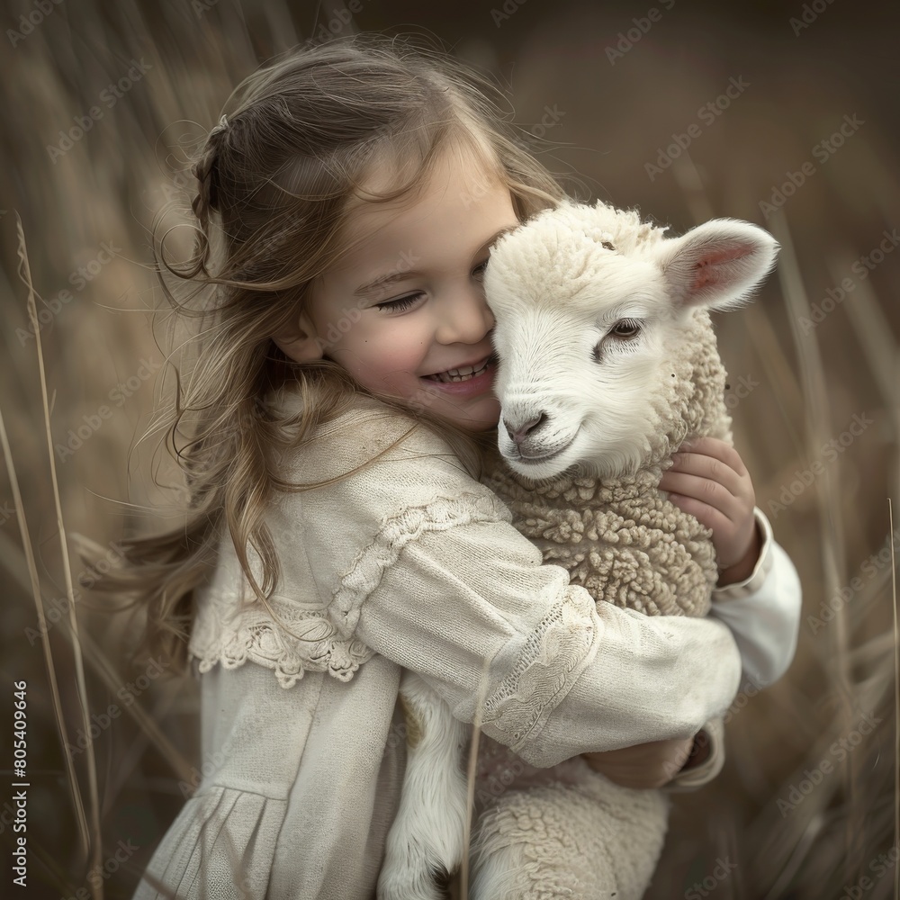 Little girl hugging lamb on farm, cute baby lamb in child arms, preschool zoological education Little girl hugging lamb on farm, cute baby lamb in child arms, preschool zoological education