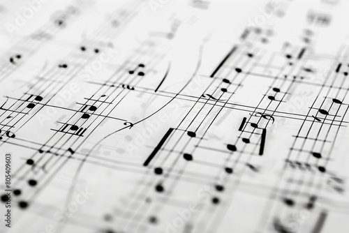 Showcase a close-up of vintage sheet music with intricate musical notes in black against a clean white background.